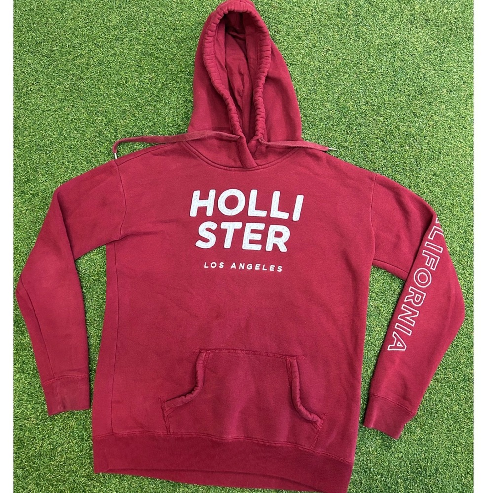 Hollister California Mens Medium Burgundy Red Graphic Pullover Hoodie Sweatshirt
